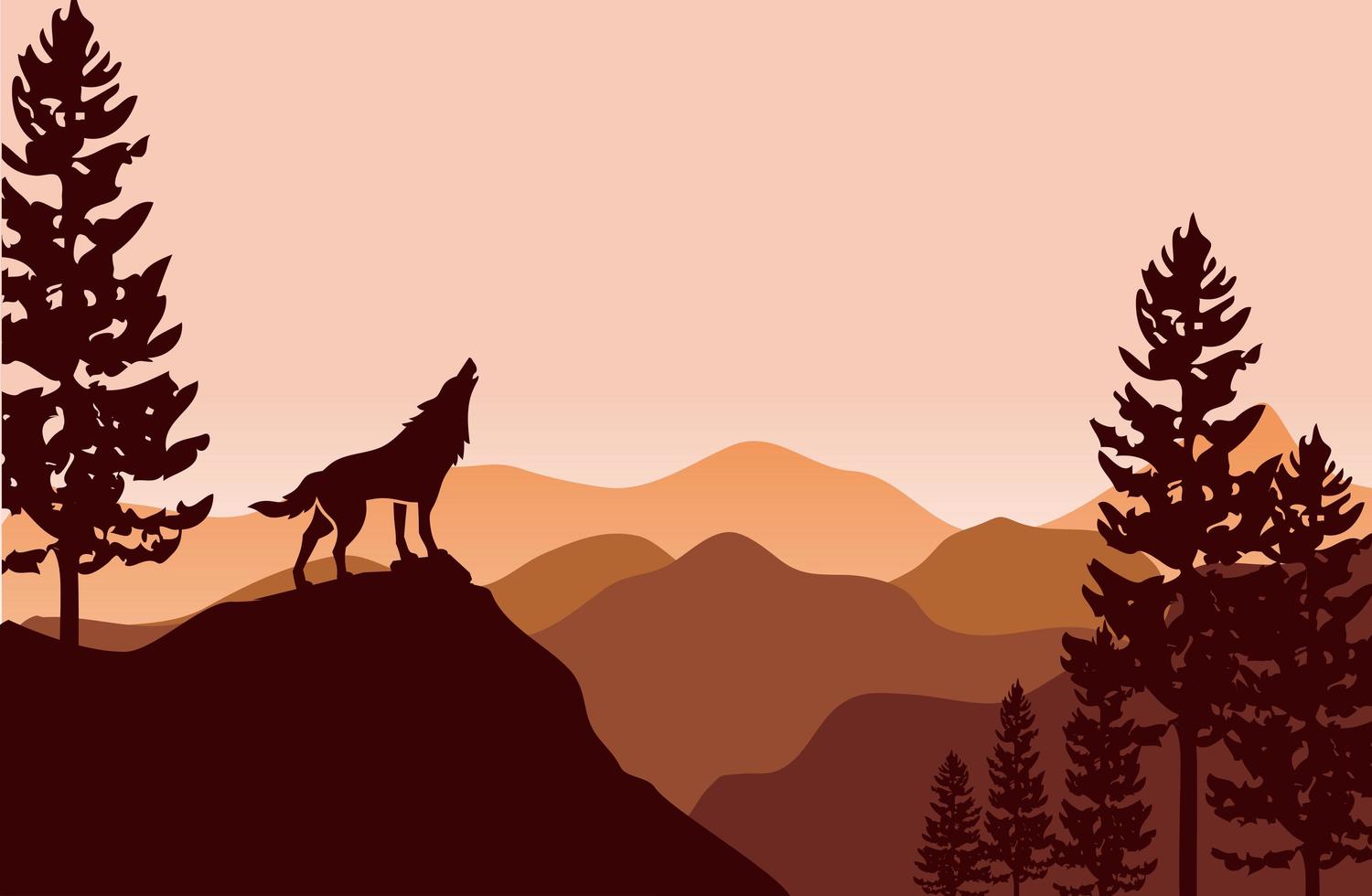 silueta de lobo y pinos vector