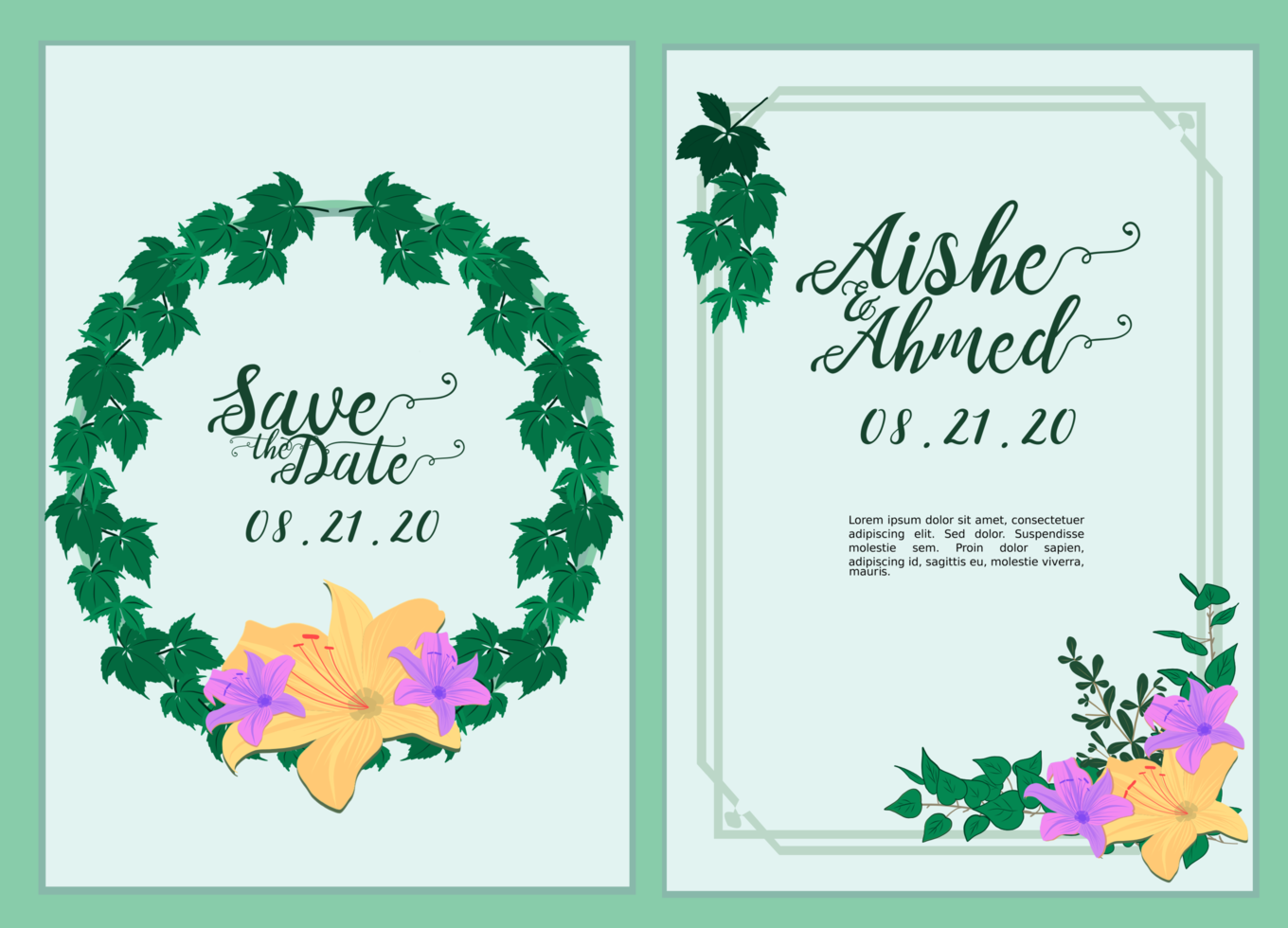 Wedding Invitation card with beautiful purple and yellow orchid and leaves vector