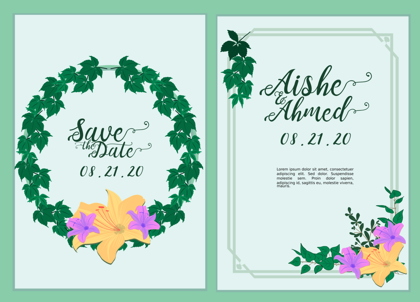 Tarjeta de invitación de boda con hermosas orquídeas y hojas de color púrpura y amarillo vector