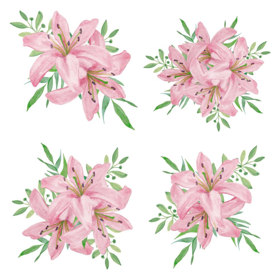 Watercolor pink lily flower bouquet collection  vector