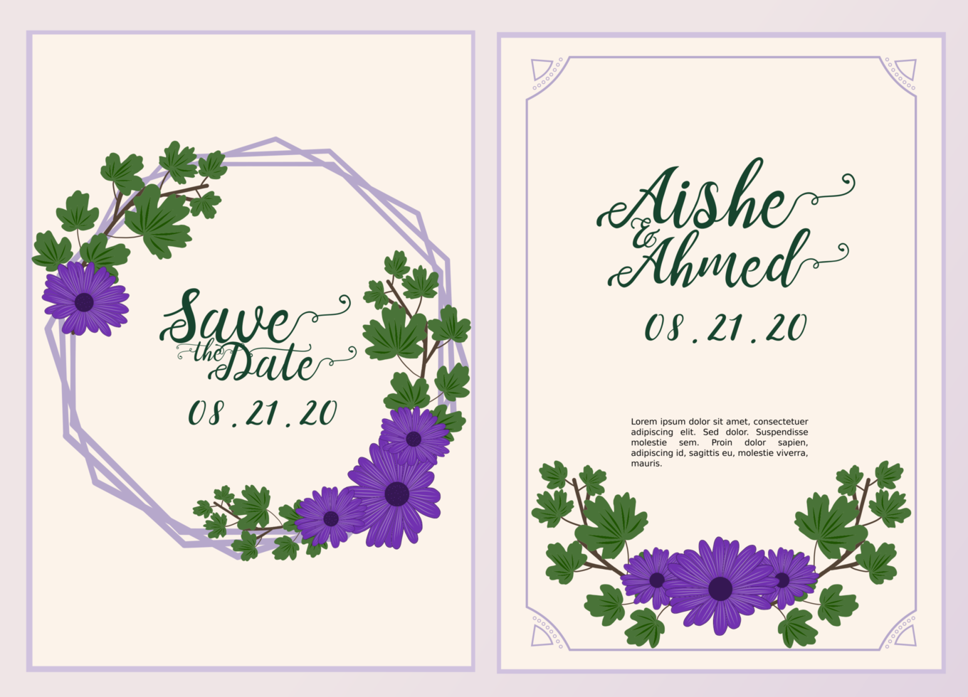 Wedding invitation card template with beautiful flower and leaves vector