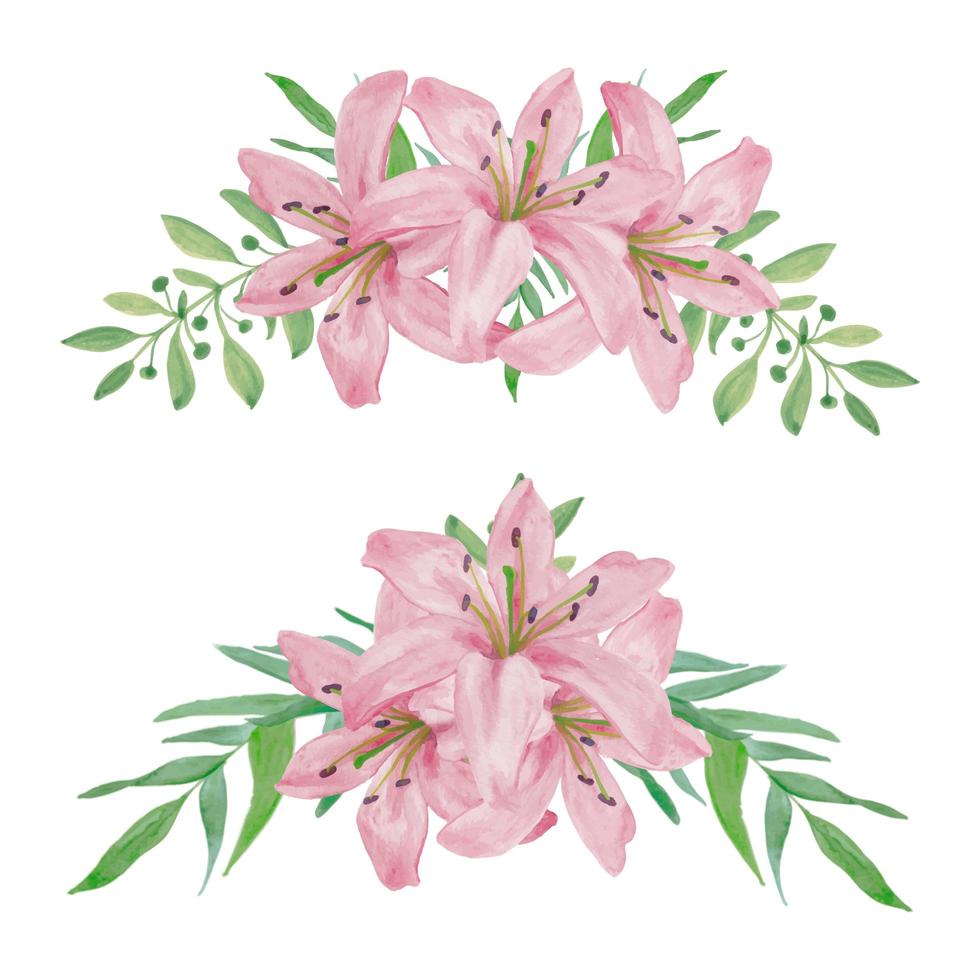 Hand painted watercolor pink lily curved flower arrangement set vector