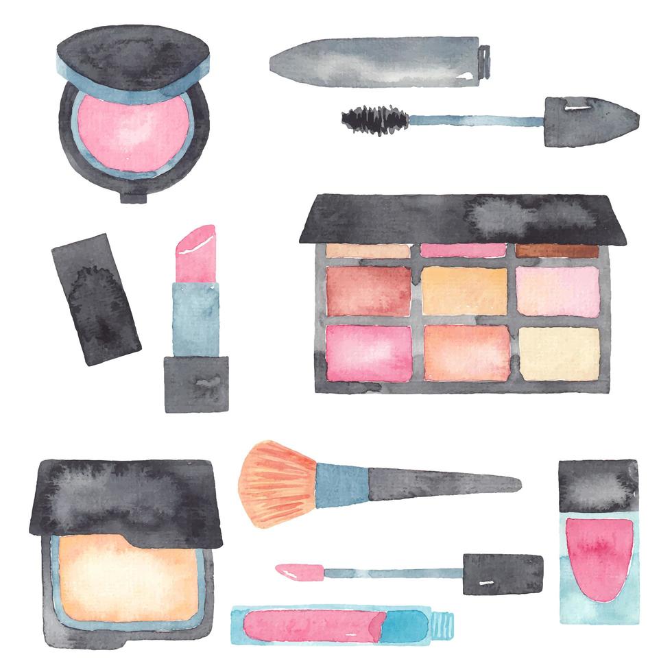 Set of watercolor makeup items and skin care elements  vector