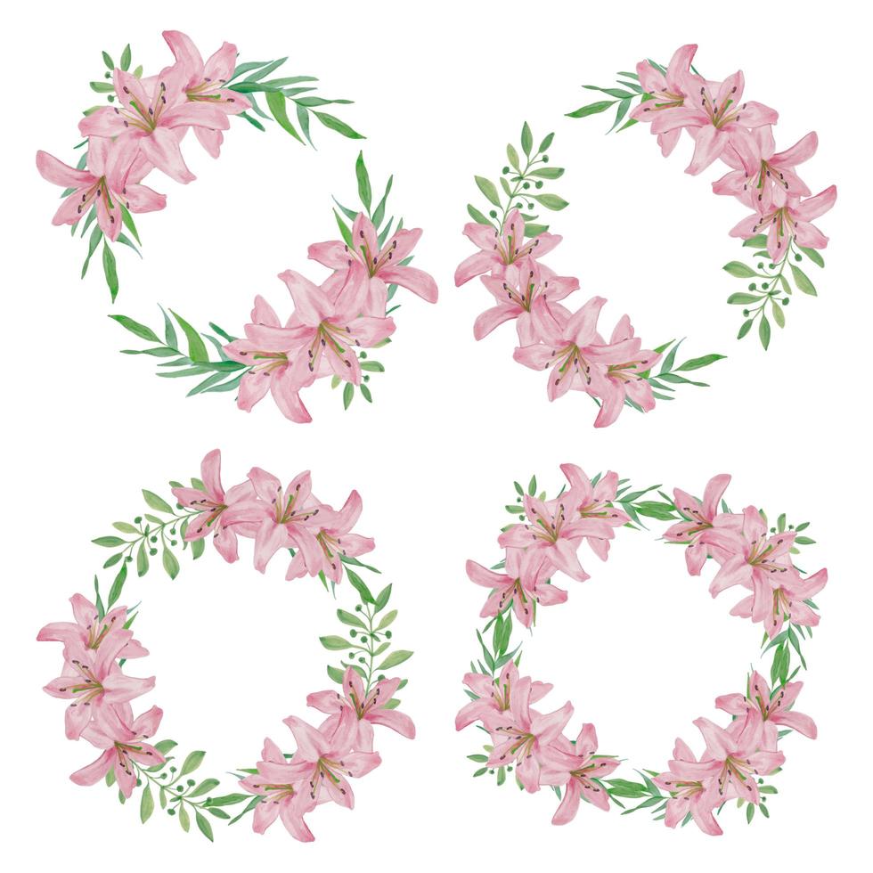 Watercolor pink lily flower wreath set vector