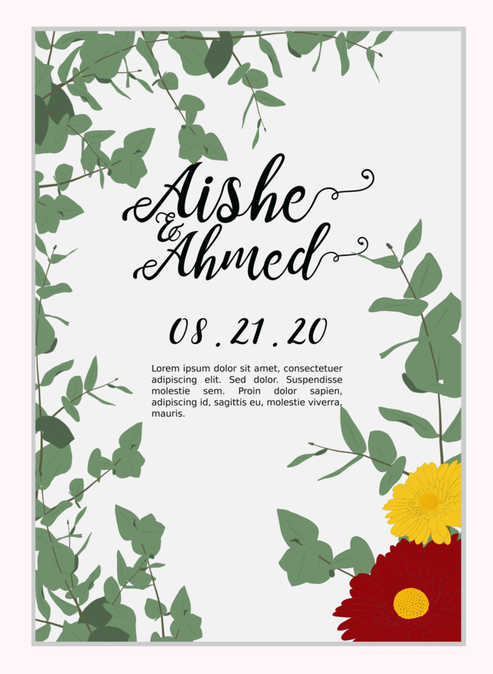 Simple wedding invitation with leaves and flowers vector