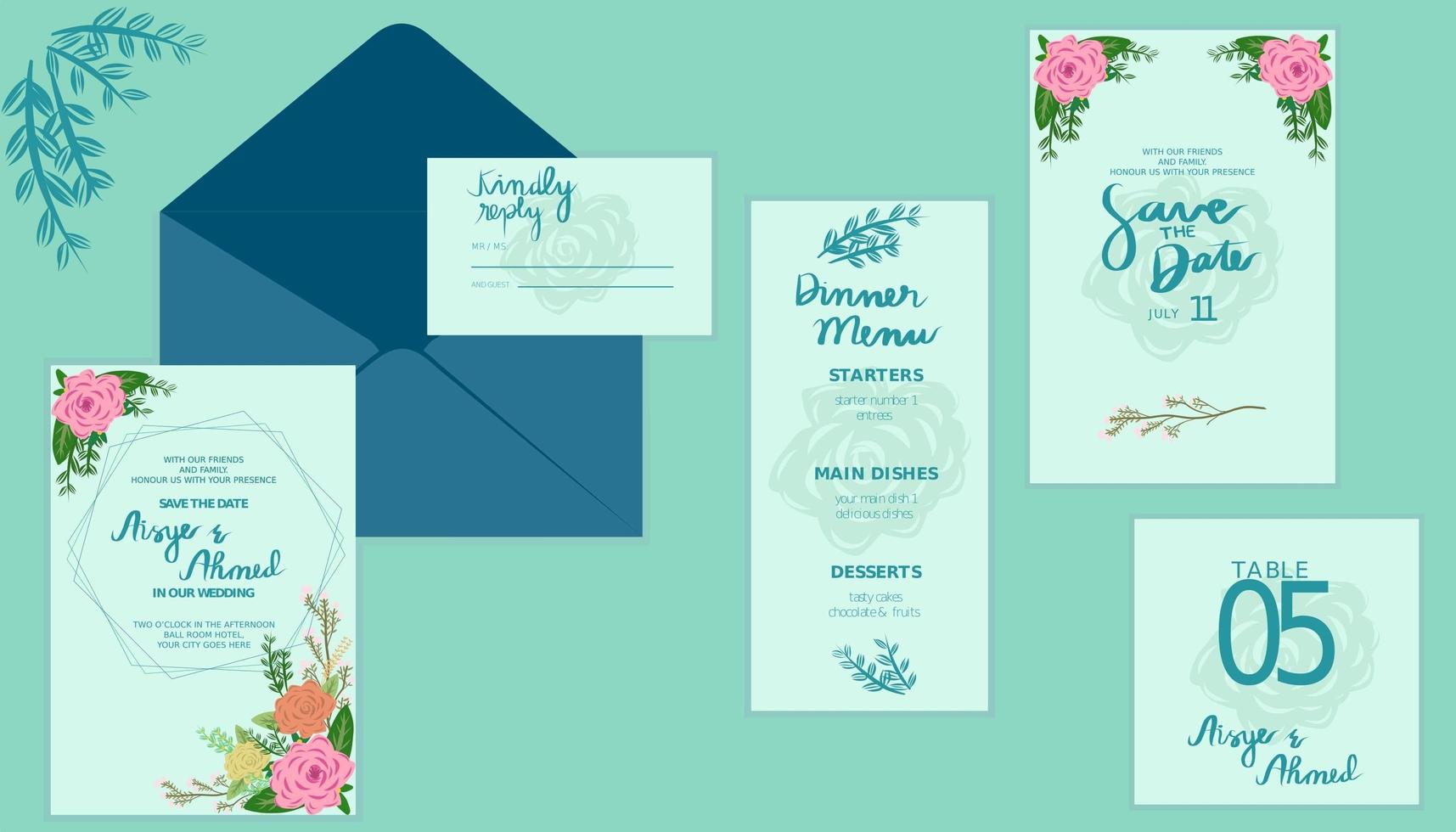 elegante y hermoso conjunto de boda floral azul verde vector