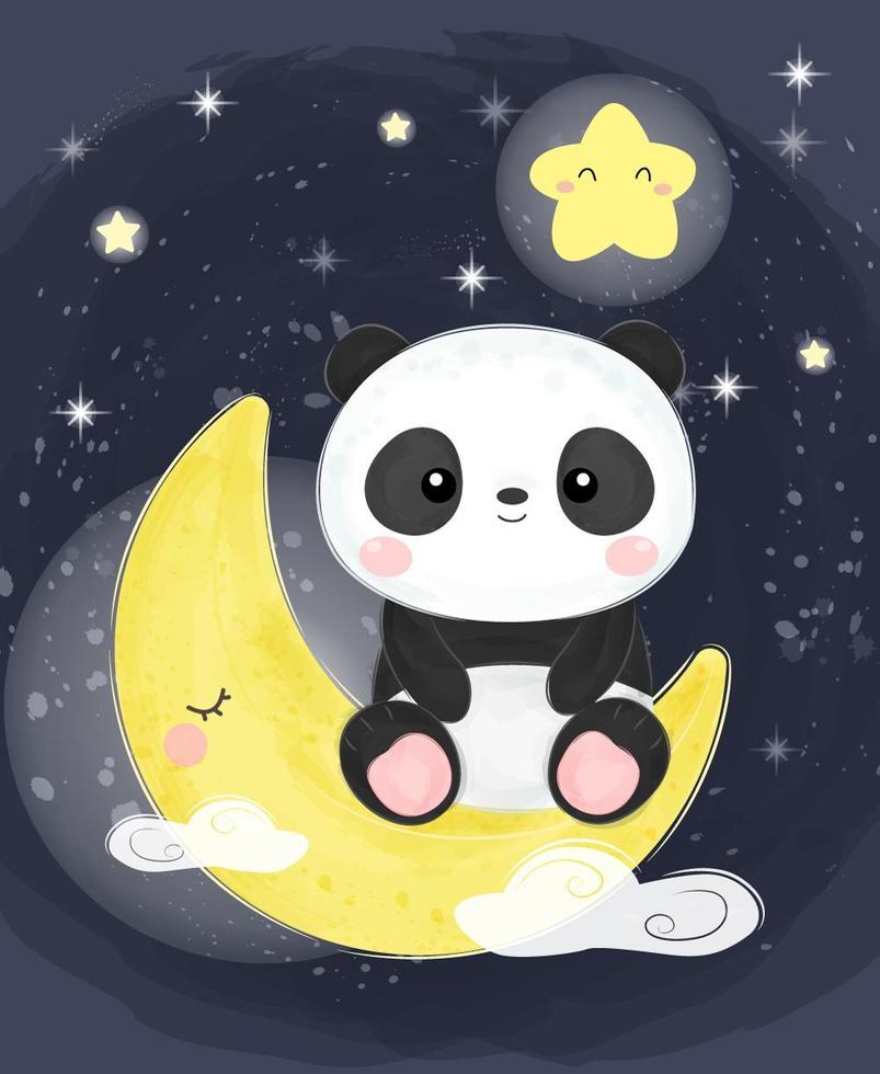 panda bebé sentado en la luna vector