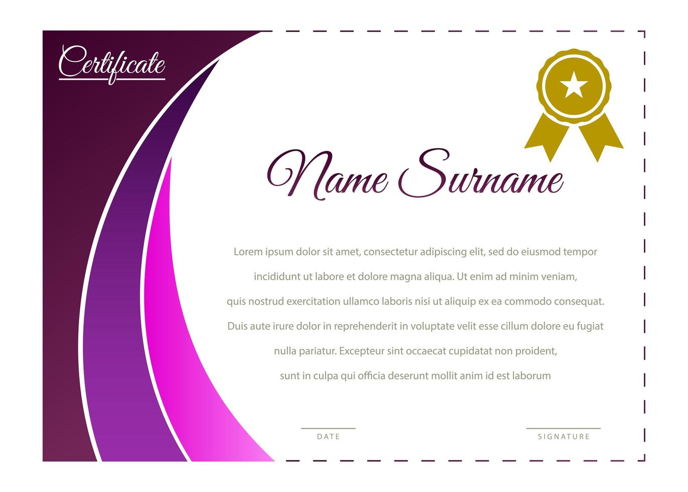 Purple Pink Gradient Curved Corner Horizontal Certificate Template vector