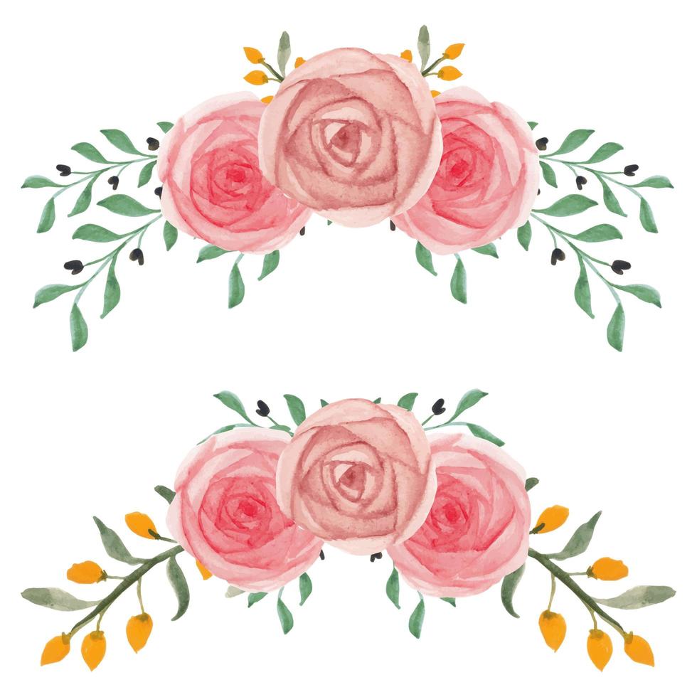 conjunto de arreglo floral curvo rosa pintado a mano de acuarela vector