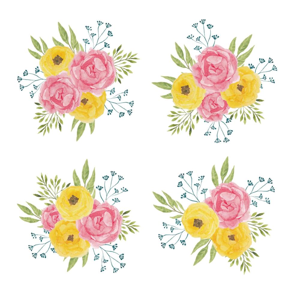 Watercolor pink yellow peony flower arrangement collection  vector