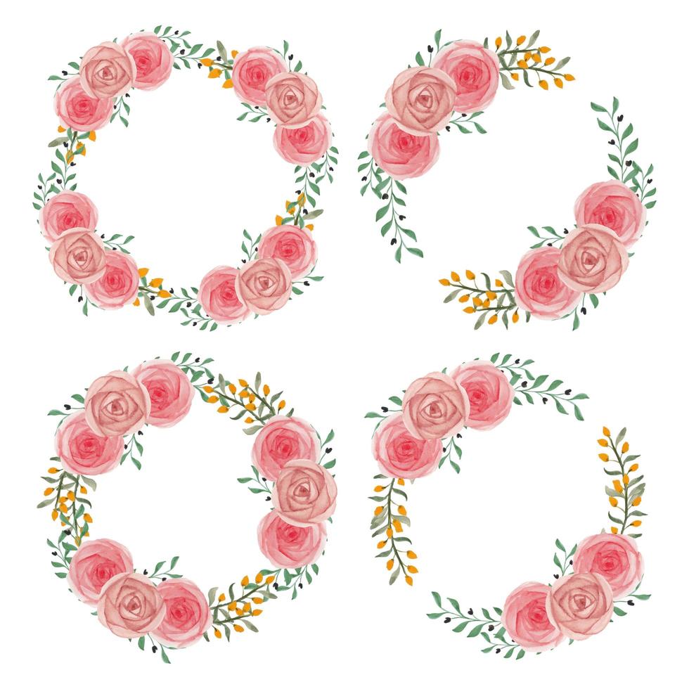 Pink watercolor rose flower wreath set vector