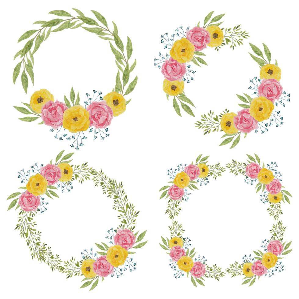 Watercolor peony flower wreath decoration set in pink yellow color vector