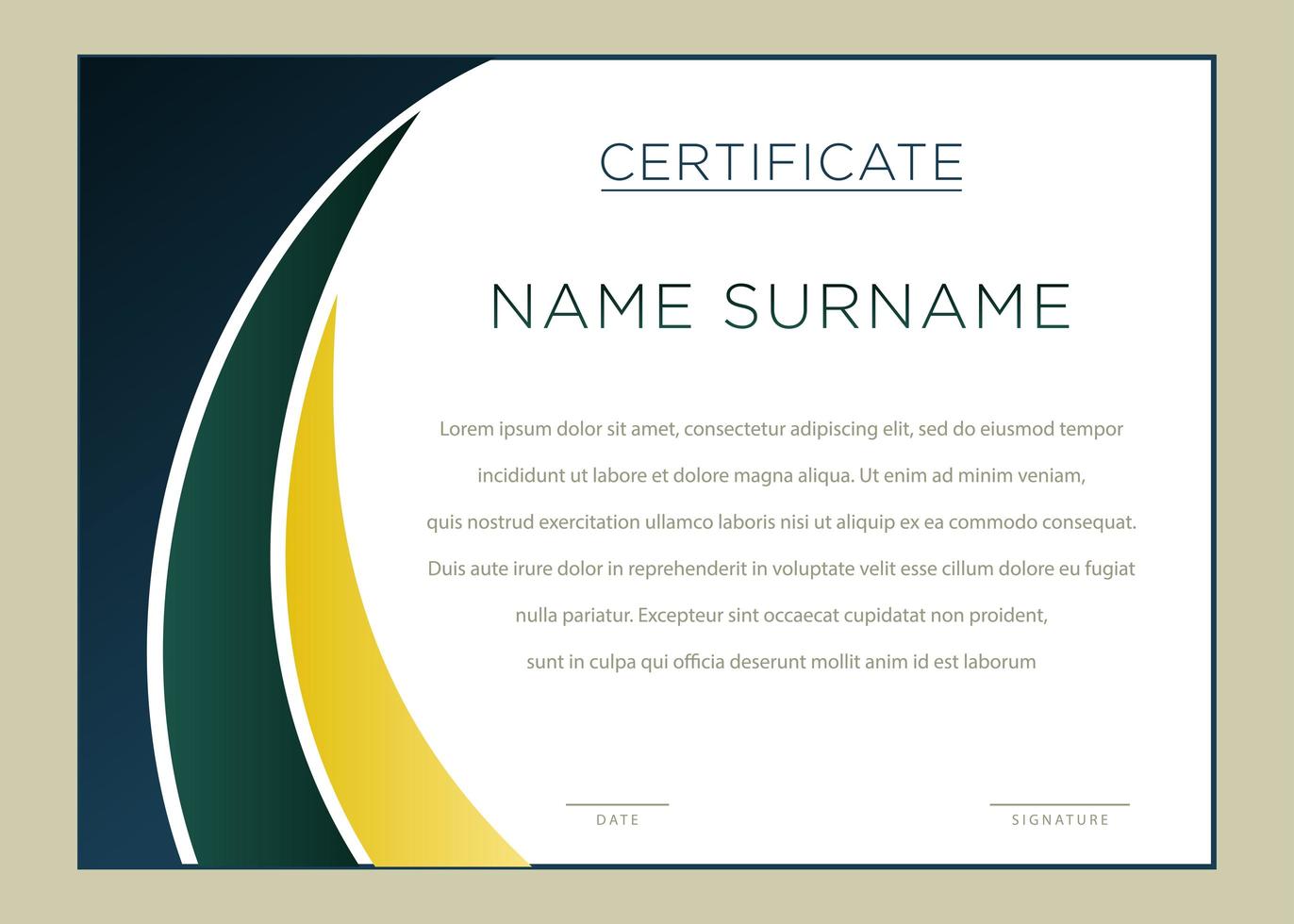 Horizontal Green and Yellow Gradient Curved Corner Certificate vector