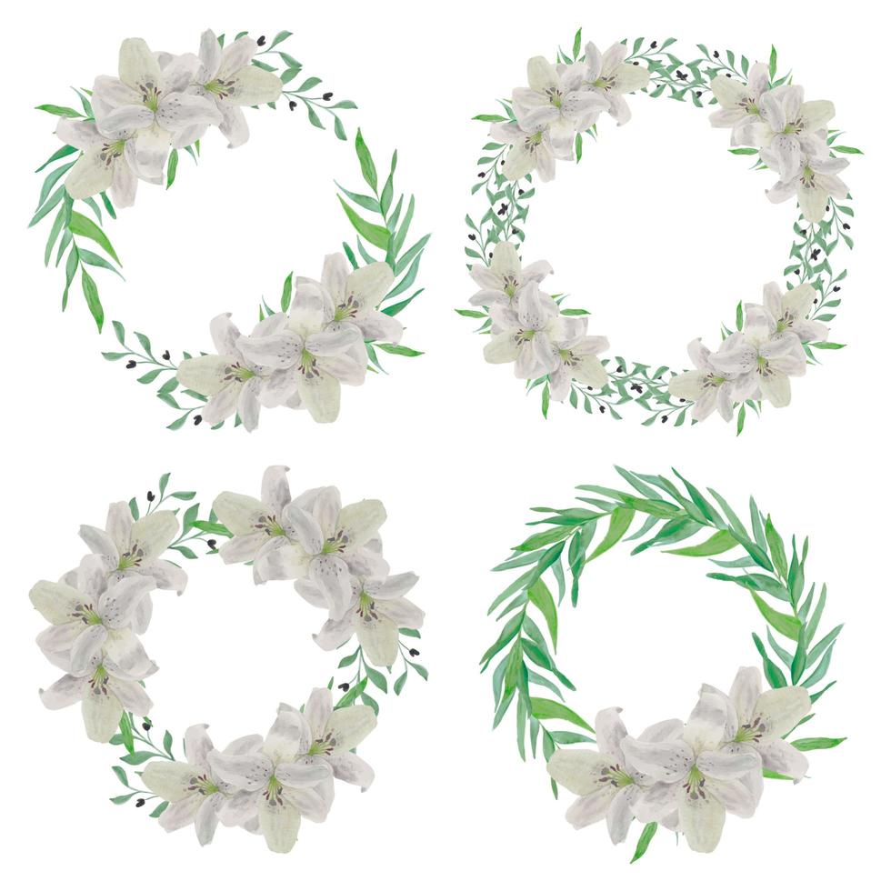 White lily flower circle frame watercolor set  vector