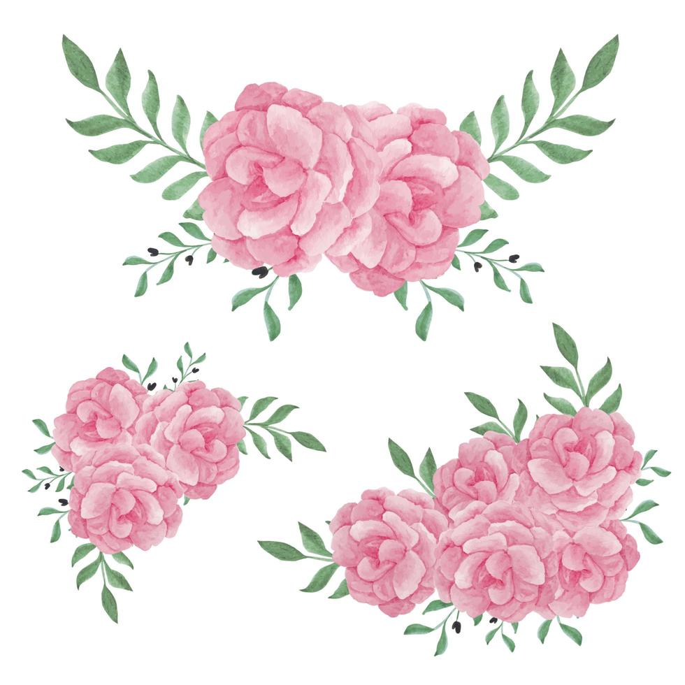 conjunto de arreglos florales de peonía rosa pintada a mano en acuarela vector