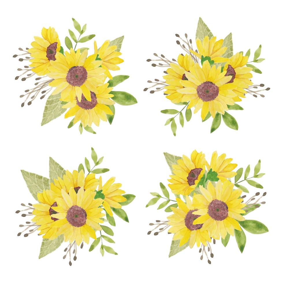 conjunto de arreglos de girasol pintado a mano en acuarela vector