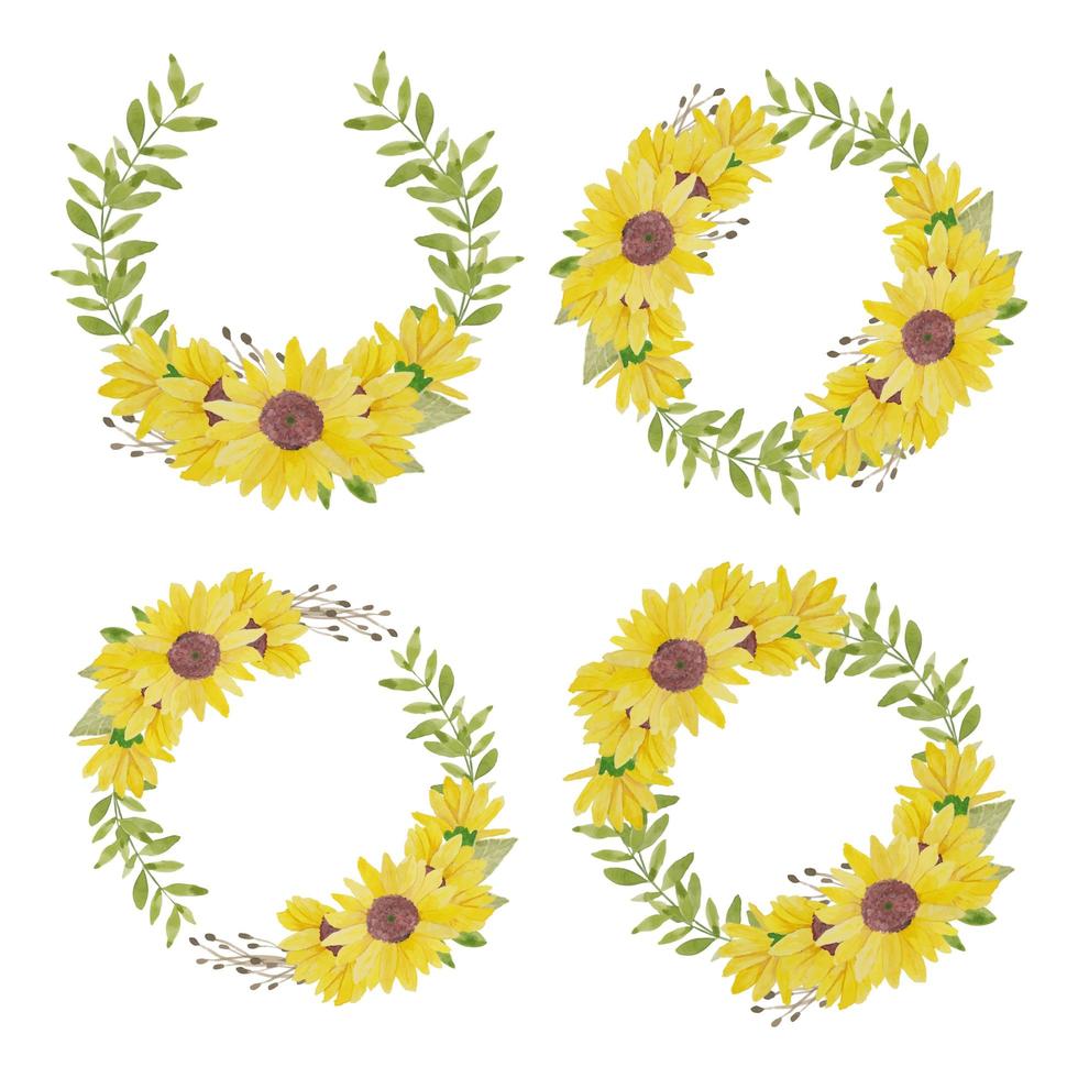 Watercolor hand painted sunflower circle wreath set vector