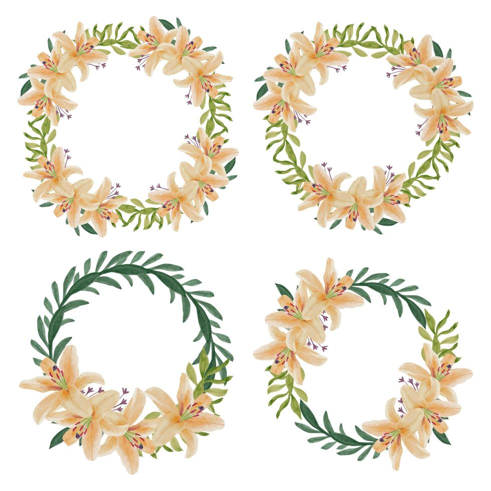 Watercolor lily flower circle wreath set  vector