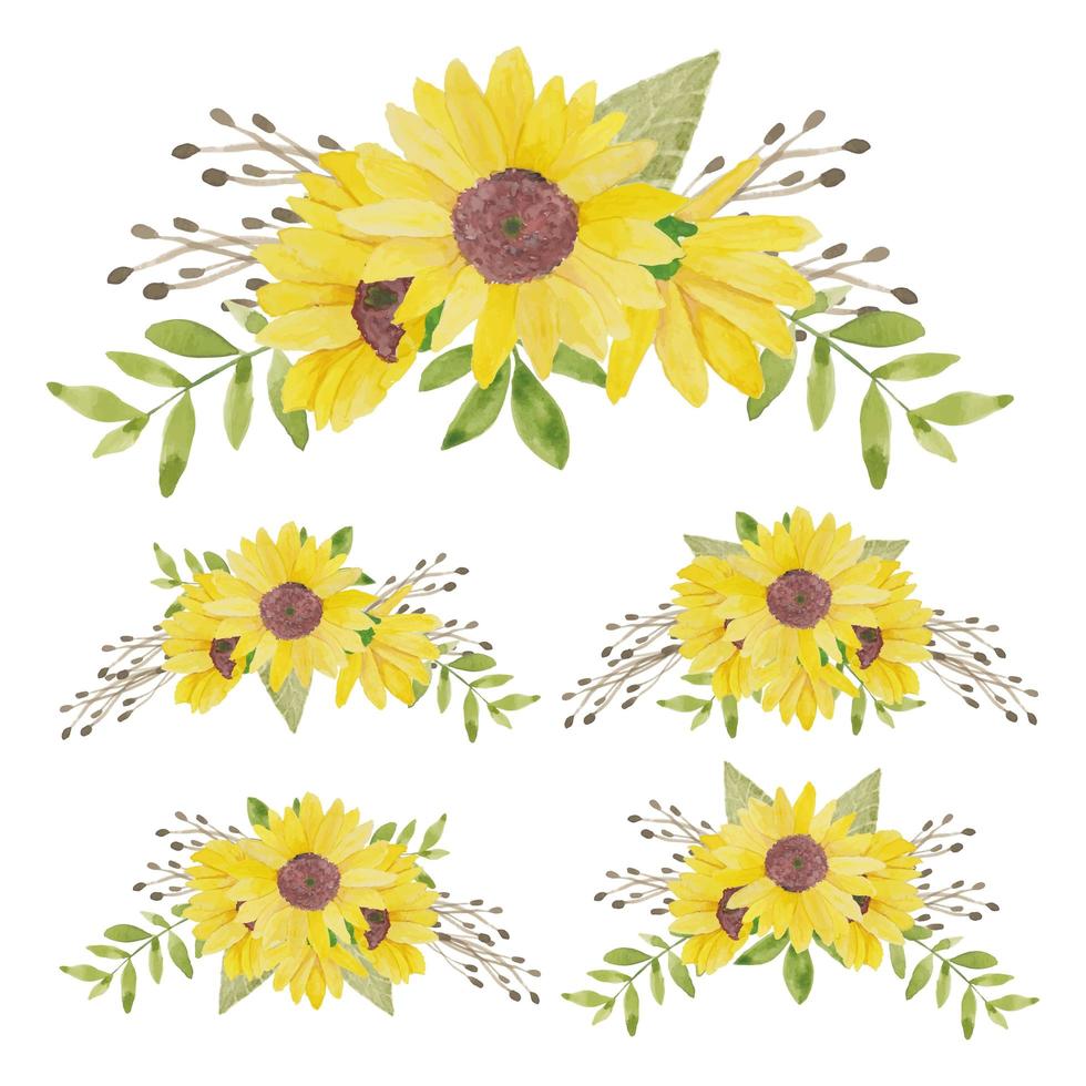 Watercolor hand painted sunflower bouquet collection vector