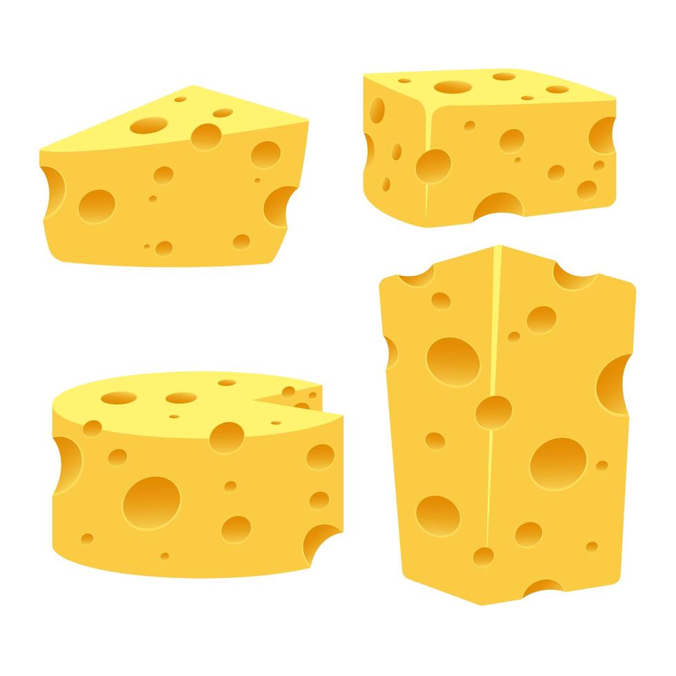 Conjunto de bloques de queso aislado sobre fondo blanco. vector