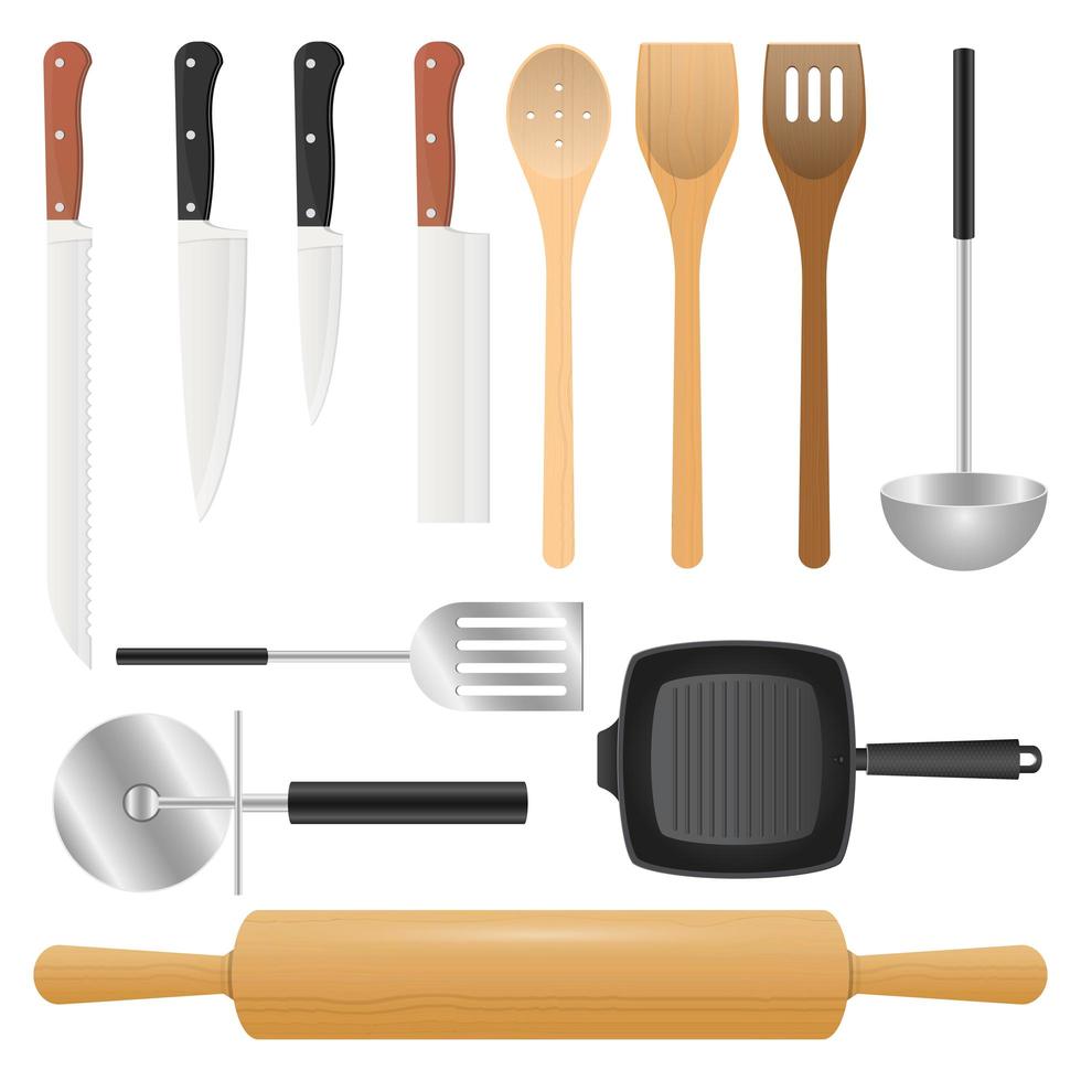 conjunto de utensilios de cocina aislado sobre fondo blanco vector