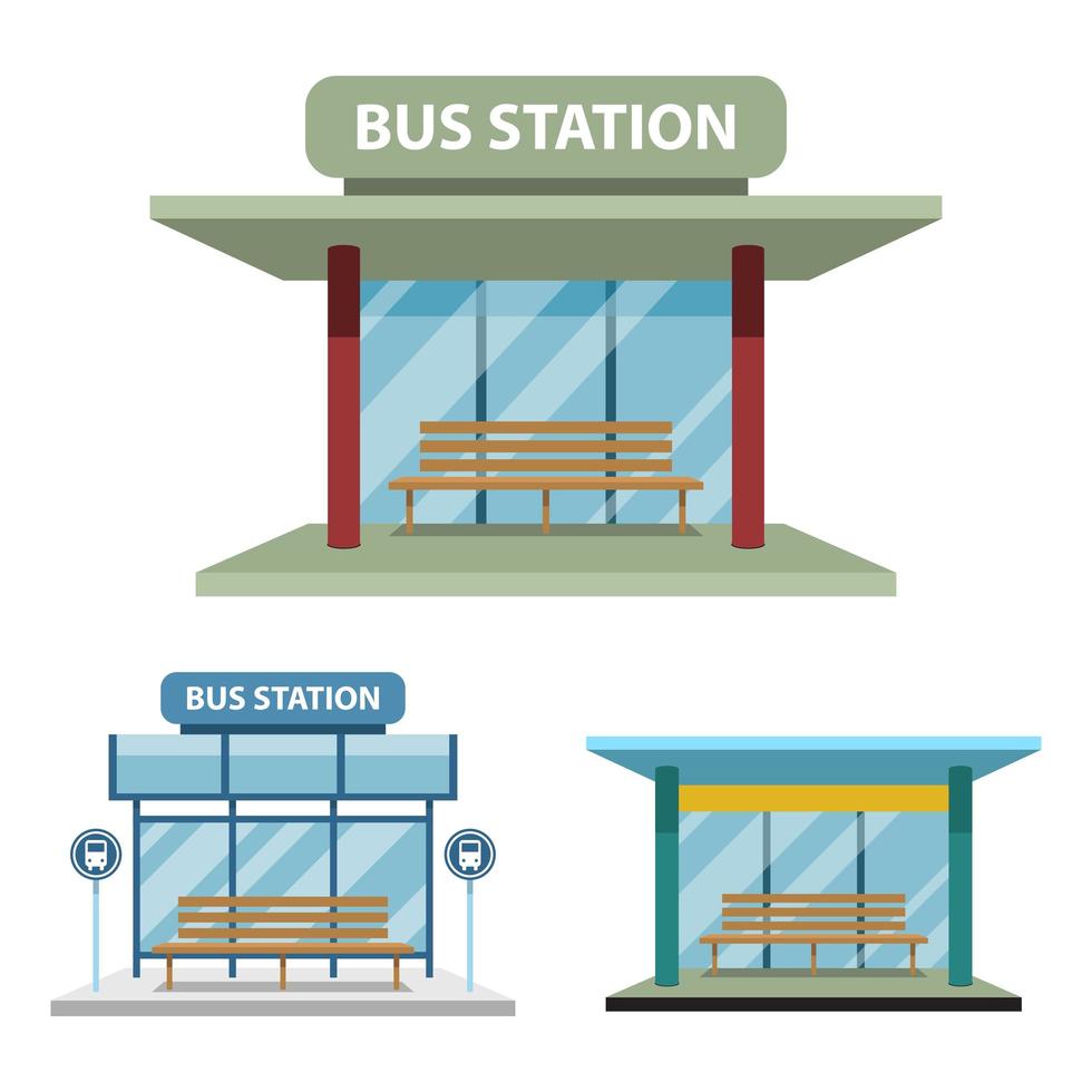Estación de autobuses conjunto aislado sobre fondo blanco. vector