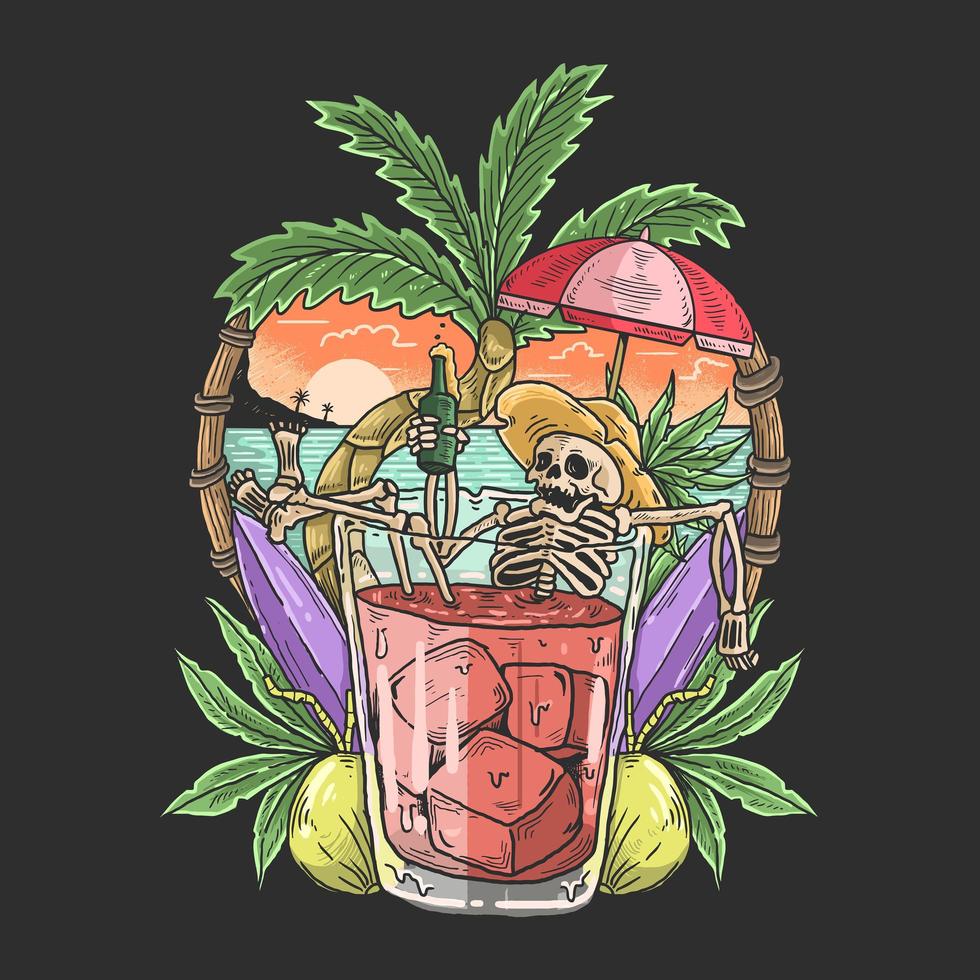 Skeleton relaxing in drink on beach scene vector