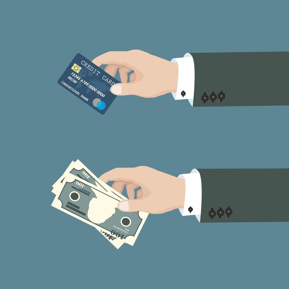 Hands holding money bills and credit cards vector