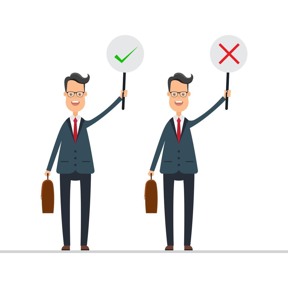 Business man holding right and wrong sign vector