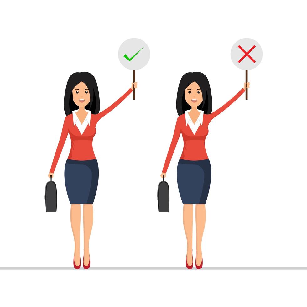 Business woman holding right and wrong sign vector