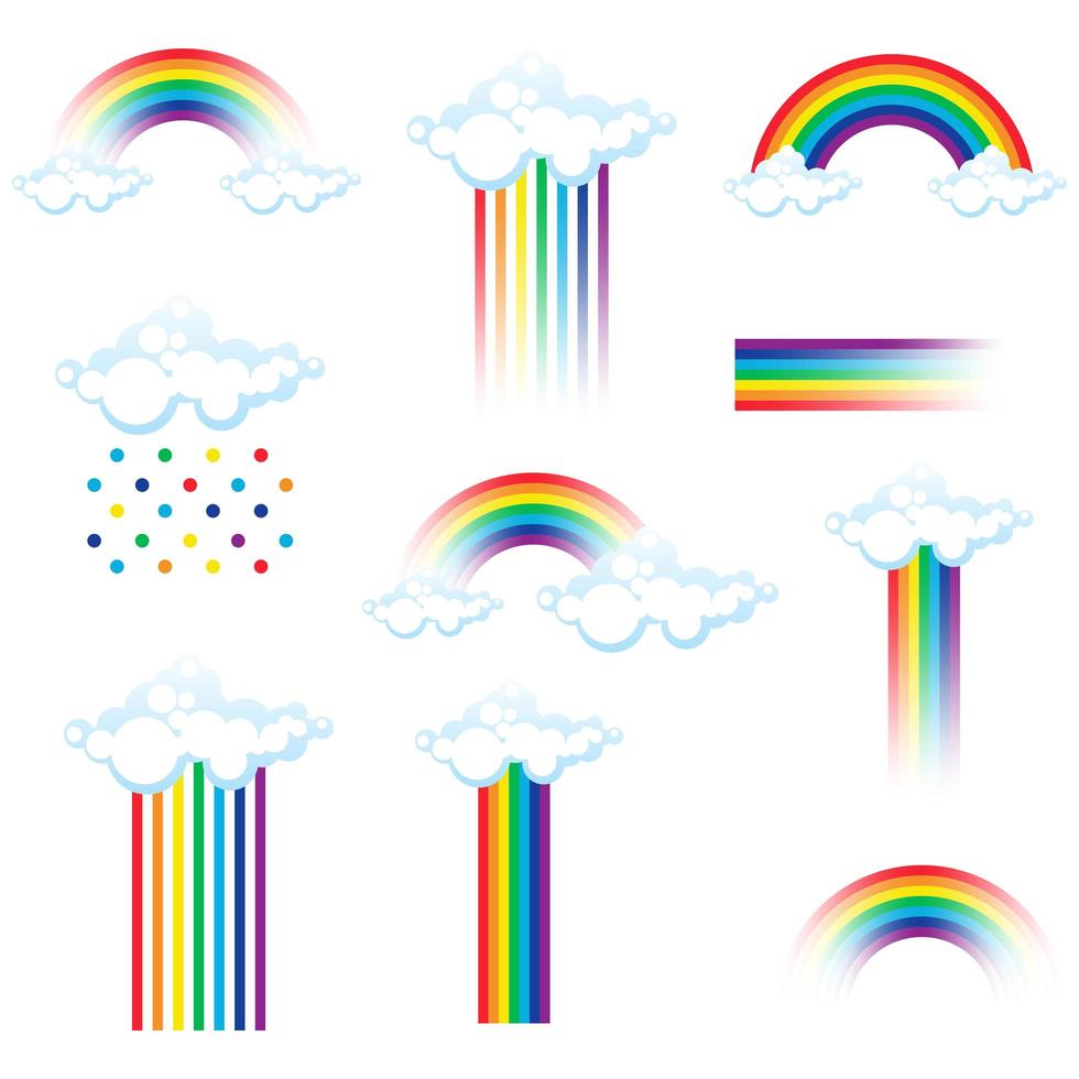 Set of colorful rainbows and clouds vector