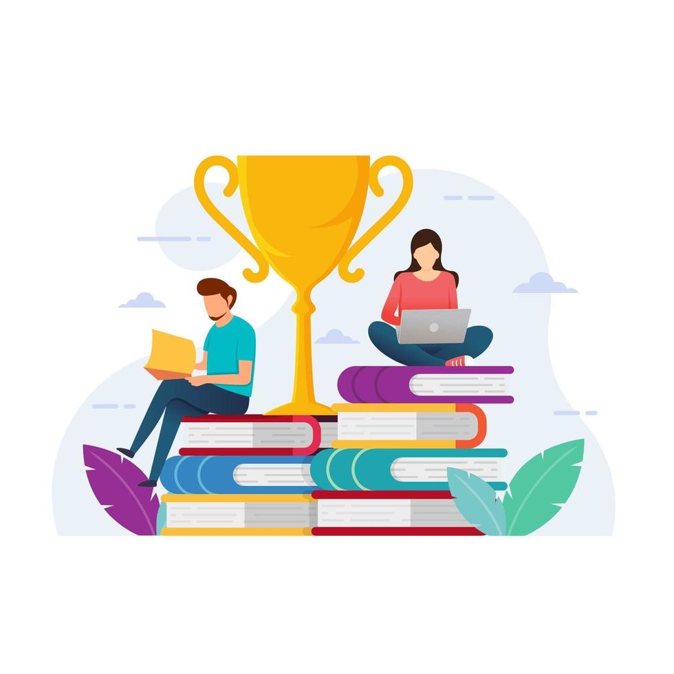 Education design with people sitting on books and trophy vector