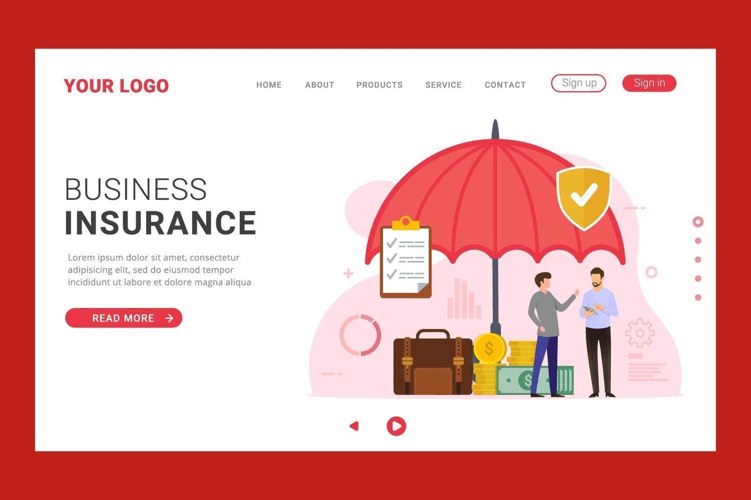 Business insurance landing page with umbrella protection vector