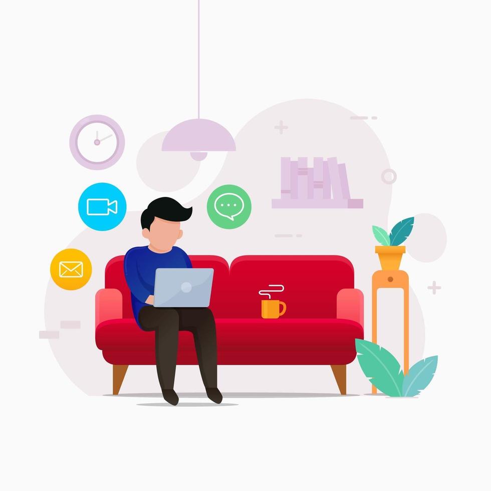 Man with laptop working on couch at home vector