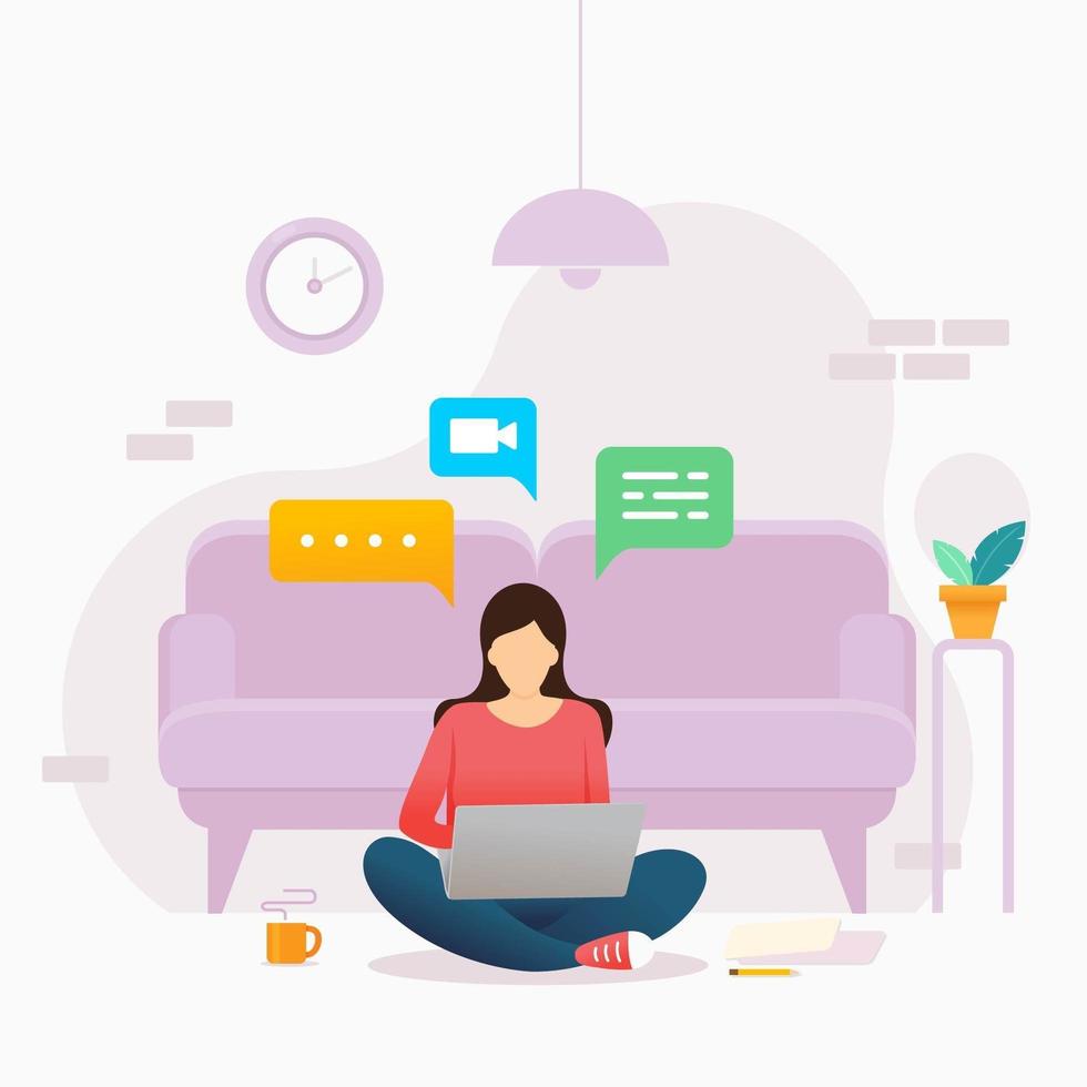 Woman with her laptop working from home vector