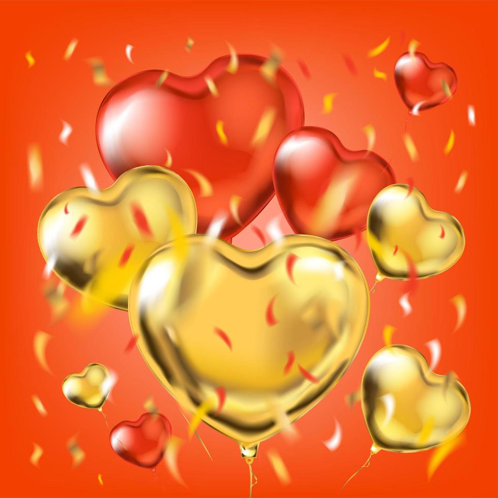 Golden and red metallic heart shape balloons and foil confetti vector