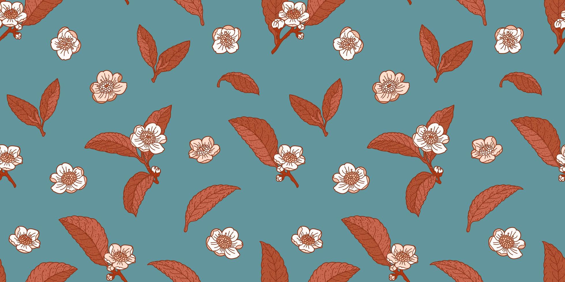 Tea flowers and leaves dark azure and brown seamless pattern vector