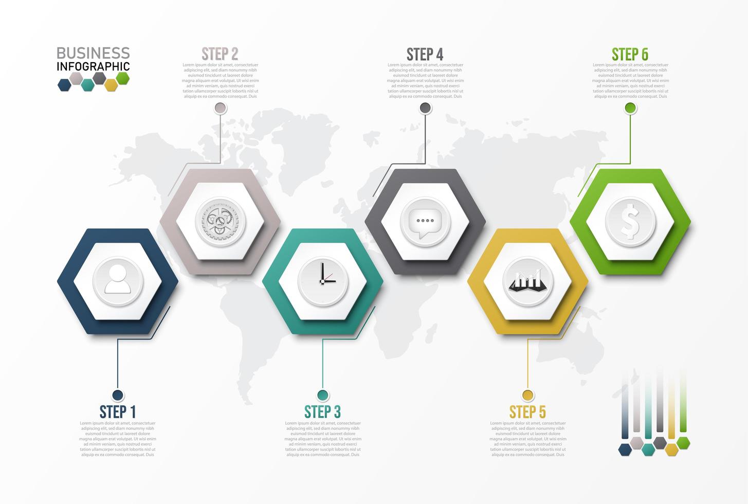 Infografía hexagonal en capas de 6 pasos vector