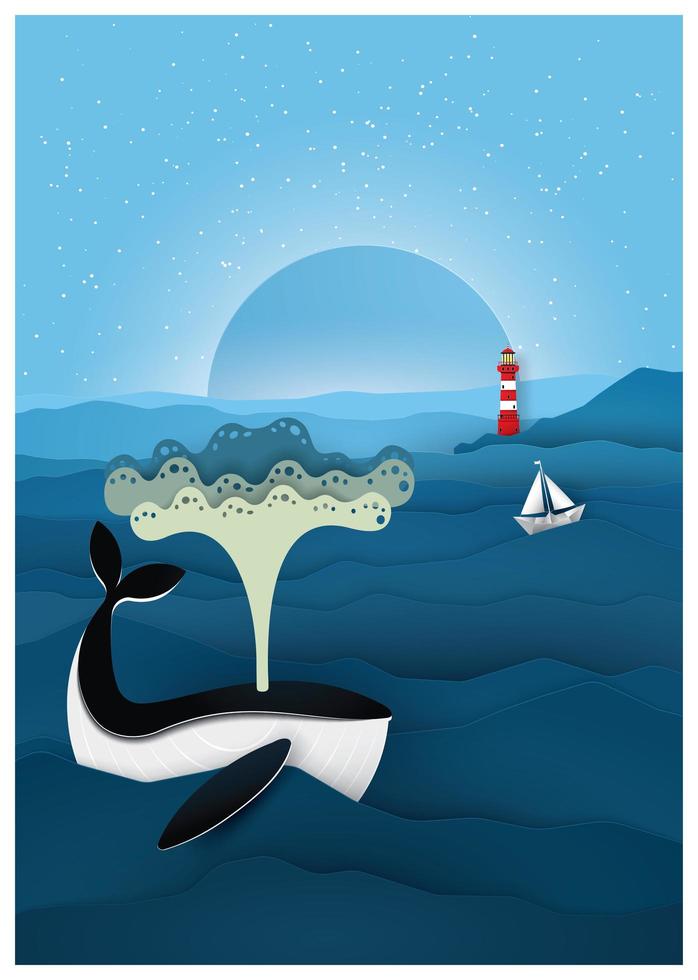 Paper art whale in the sea at night vector