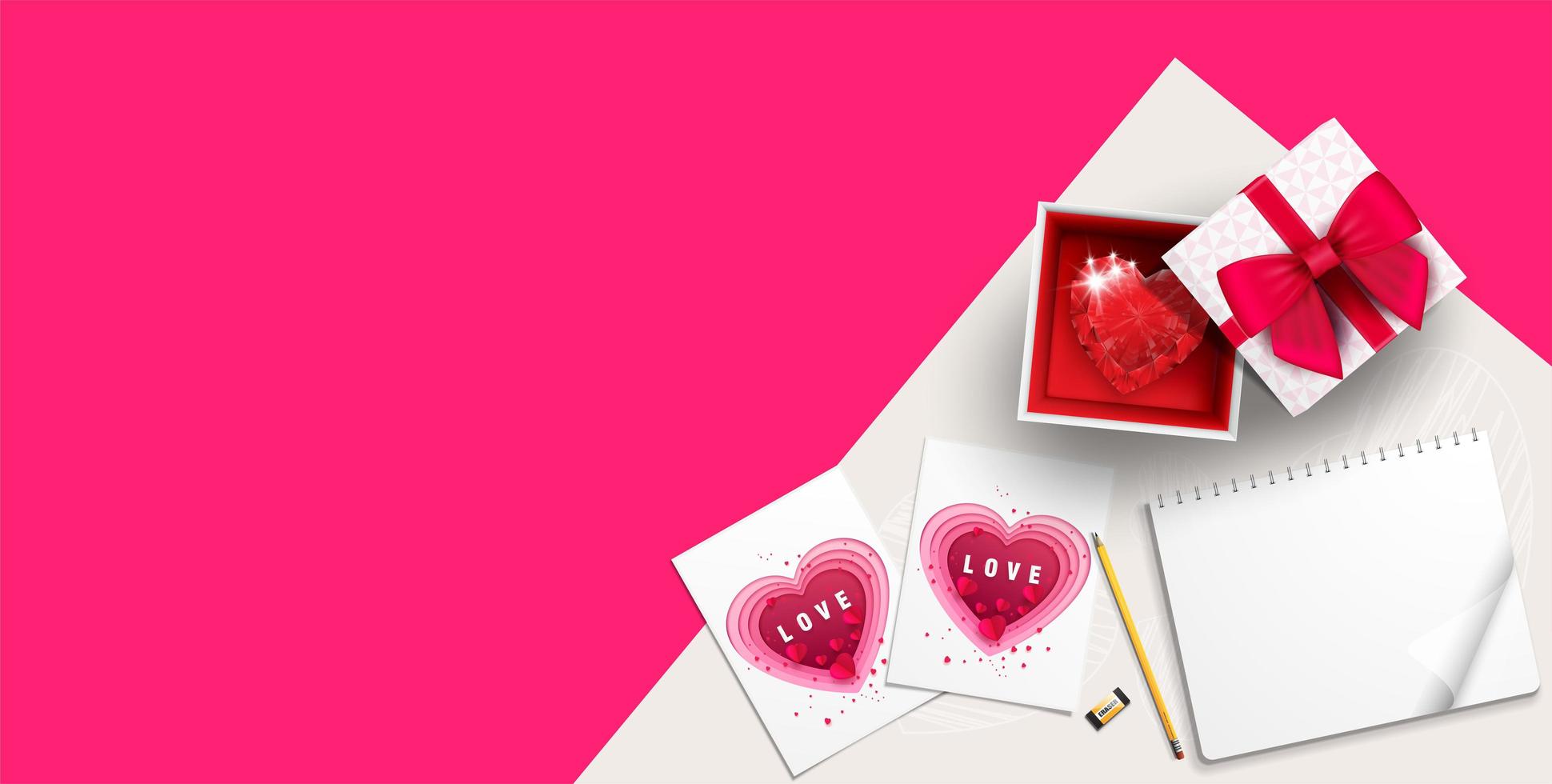 Top view of gift with jeweled heart on pink vector