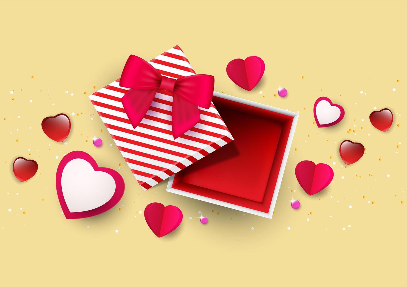 Top view of red and white hearts and gift vector