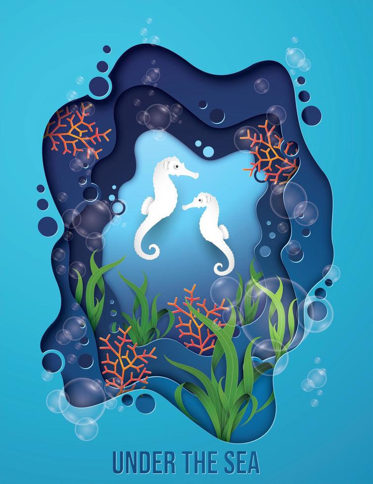 Paper art seahorse under the sea scene vector