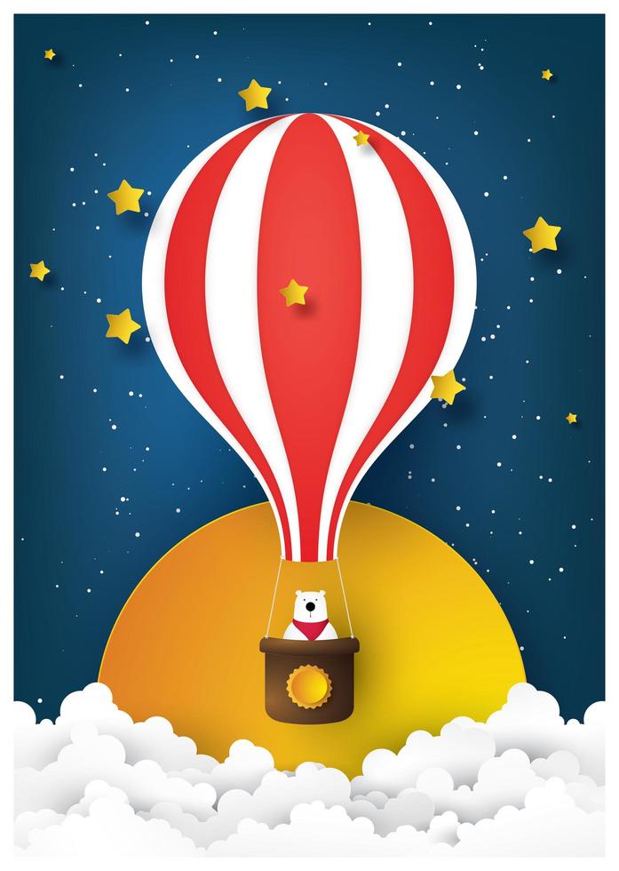 Paper art hot air balloon with bear at night vector