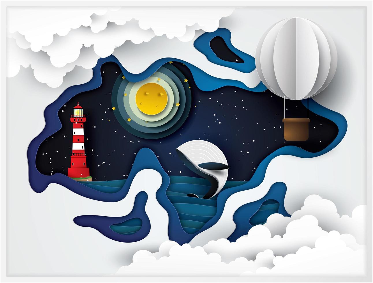 Paper art lighthouses and whales on the sea at night vector