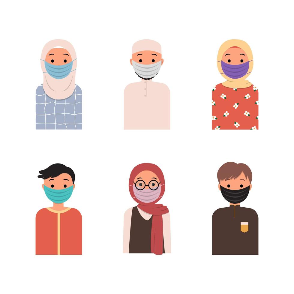 Set of muslim avatars wearing medical masks vector