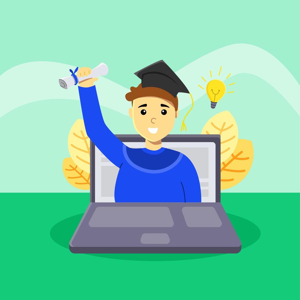 estudiante feliz en graduación virtual vector