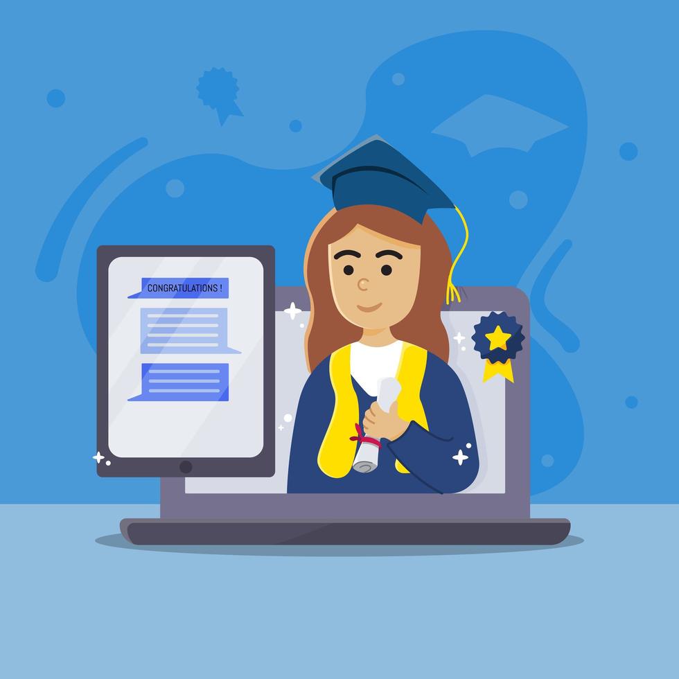Download Virtual graduation with certificate and laptop 1214638 Vector Art at Vecteezy