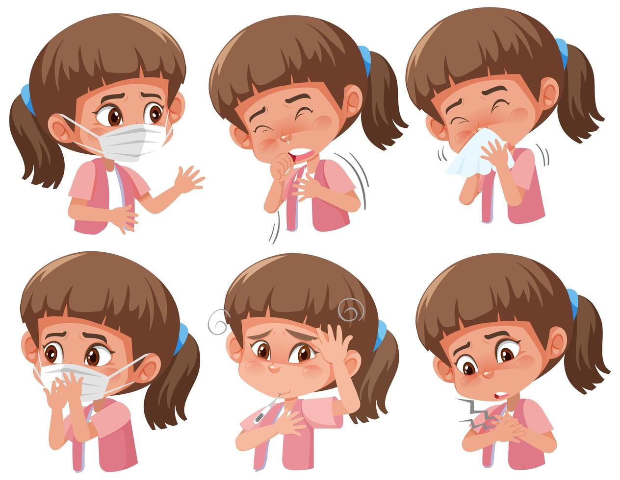 Set of sick girl with different symptoms of coronavirus vector