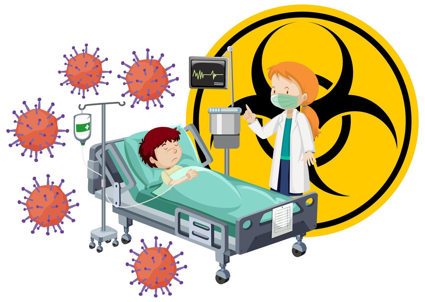 Coronavirus theme with boy in hospital bed vector