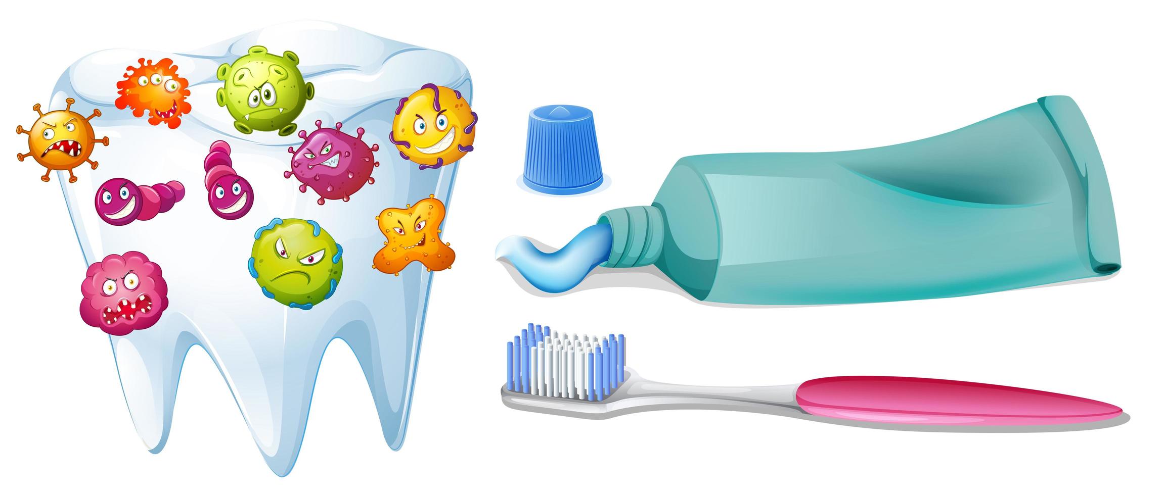 Tooth with bacteria and cleaning set vector